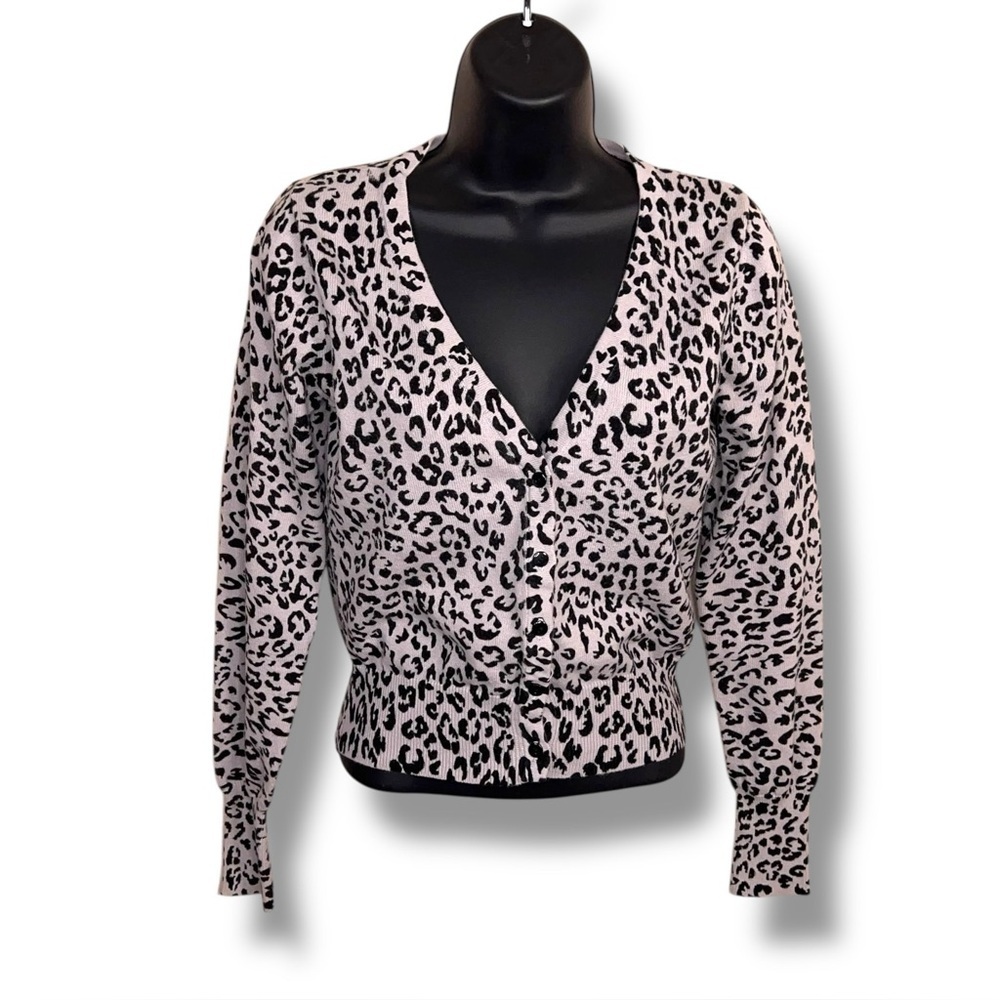 Y2K Juniors Large Grey Black Leopard Print Cropped Cardigan Sweater